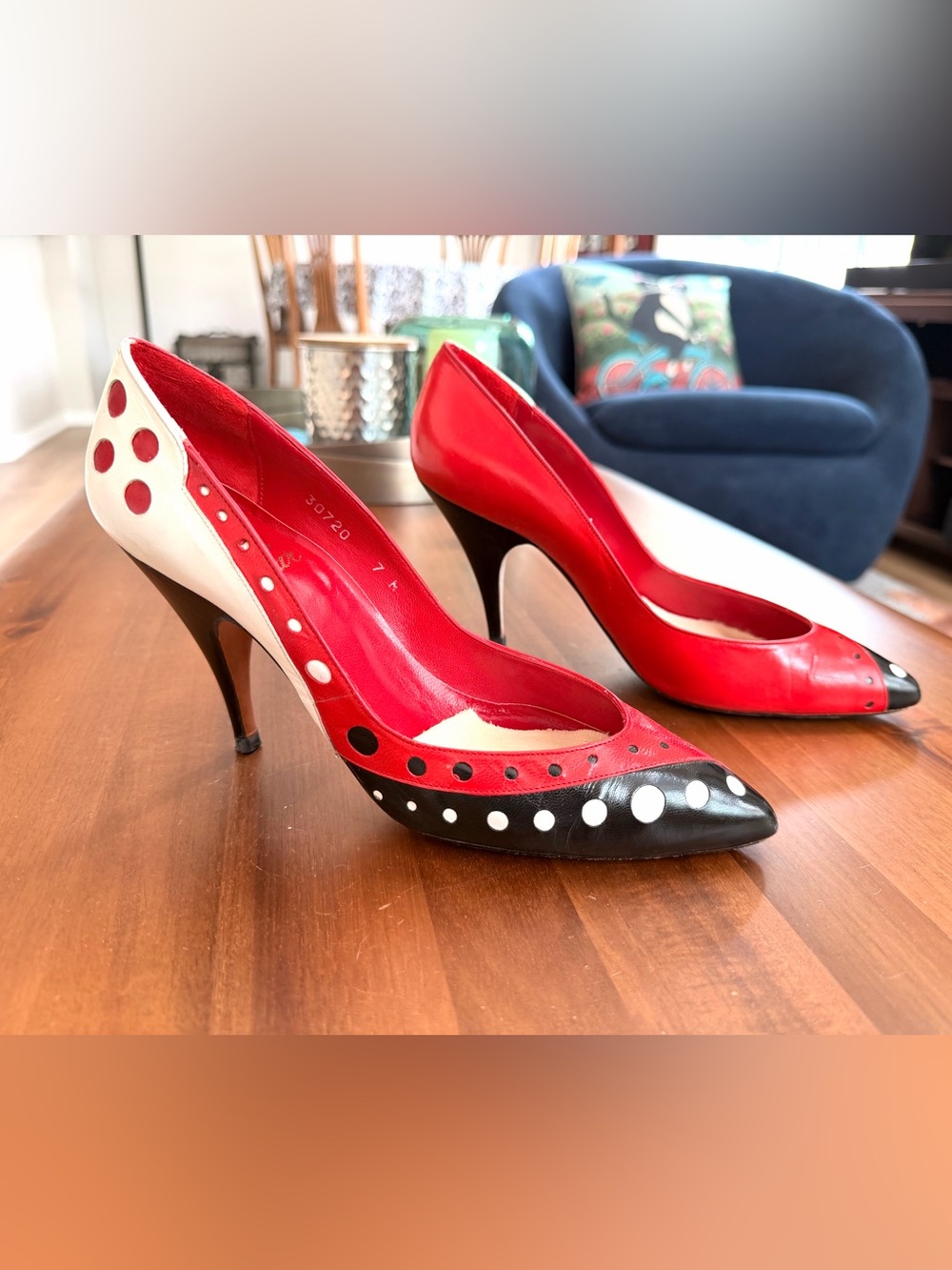 Vintage Totar Spain Leather Polka Dot Pumps 7 Red Black White Stiletto
